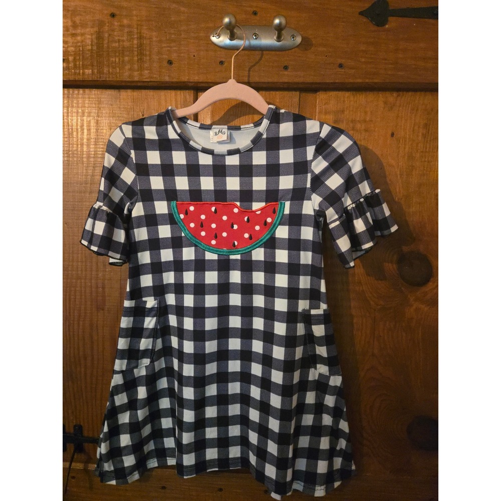 BMG Girls Gingham Watermelon Applique Ruffle Sleeve Pocket Dress Black White XL
